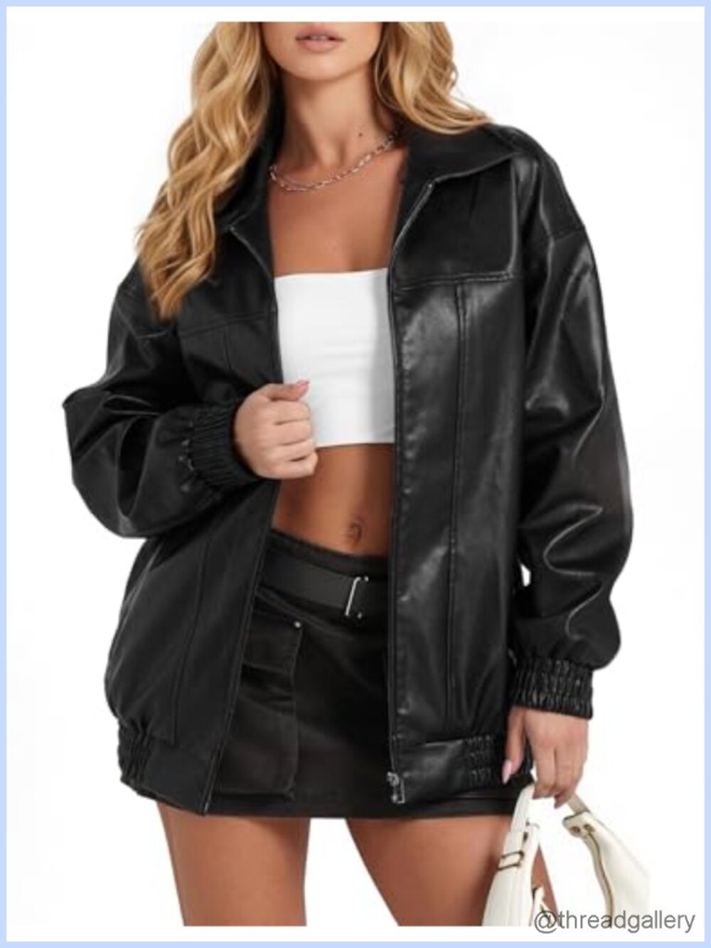 Women's Faux Leather Oversized Bomber Jacket Zip Up Coat